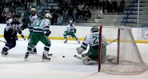 Jill Barrile photo: Goaltender Max Strang was outstanding in the Lakers' quarterfinal series against Holy Cross. The senior stopped 113 of 117 shots in three games.
